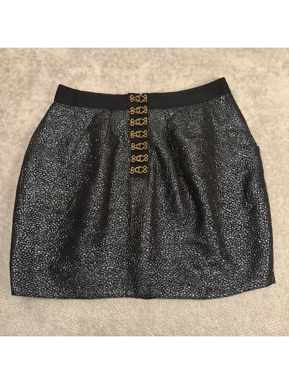 Leifsdottir Anthropologie Metallic Black Silver ALine Skirt Size 4 Party Holiday